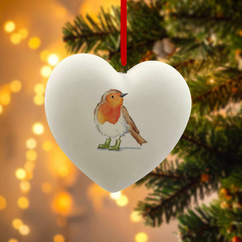 Heart Bobbin Robin Ceramic Bauble